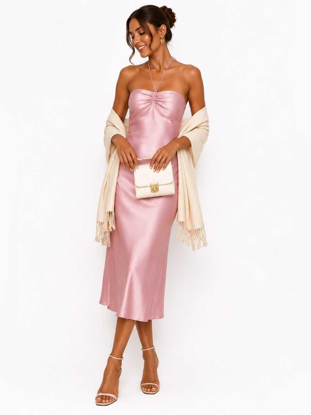 Reformation Valora Blush Pink Satin Halter Midi Dress Size 12 NWT